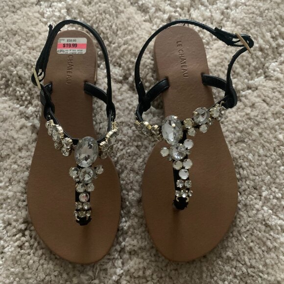 Le Chateau Black Flat Rhinestone Sandals (Brand New) - Picture 1 of 5